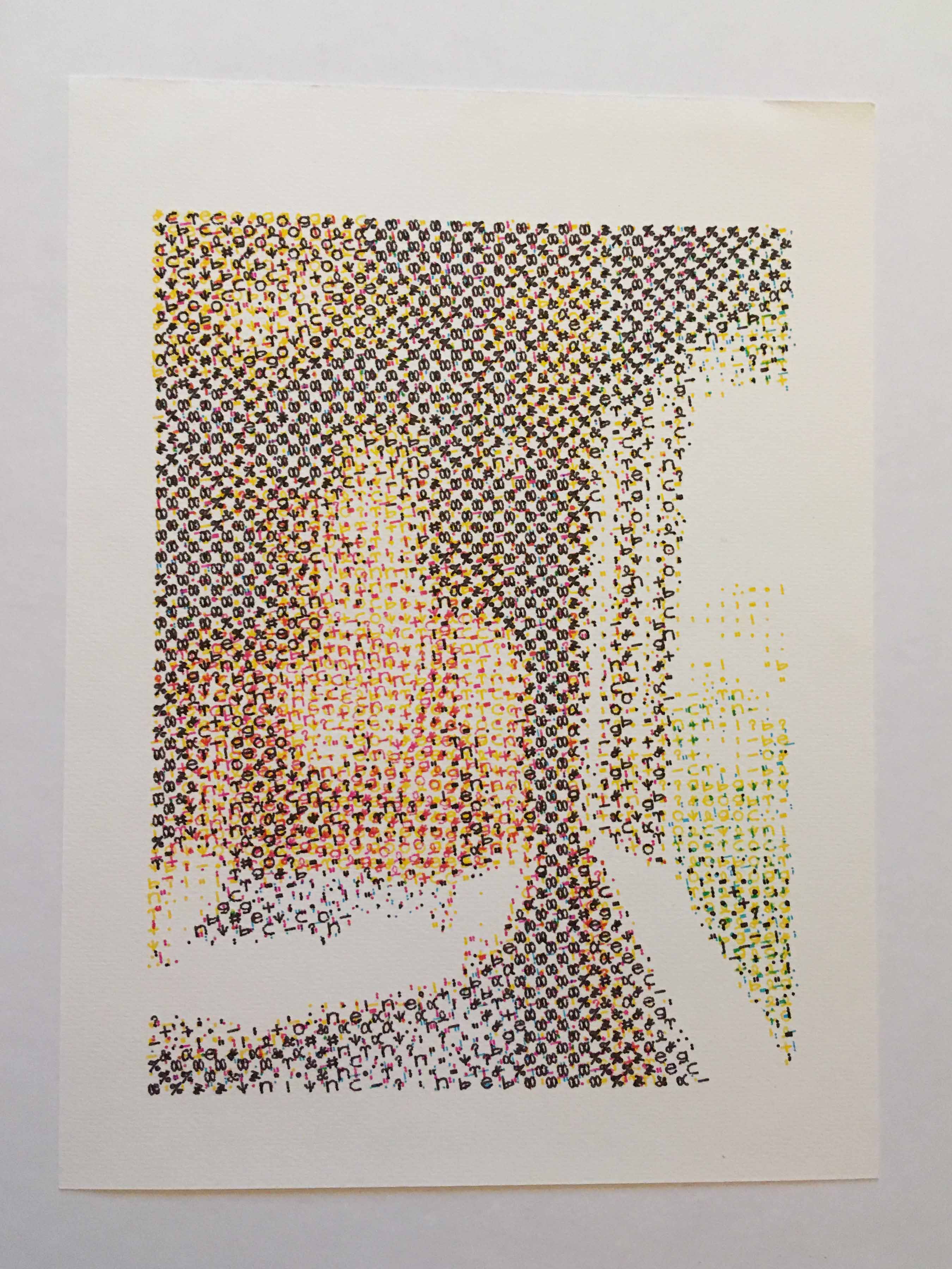 Halftone print of my partner reading a book on the train.