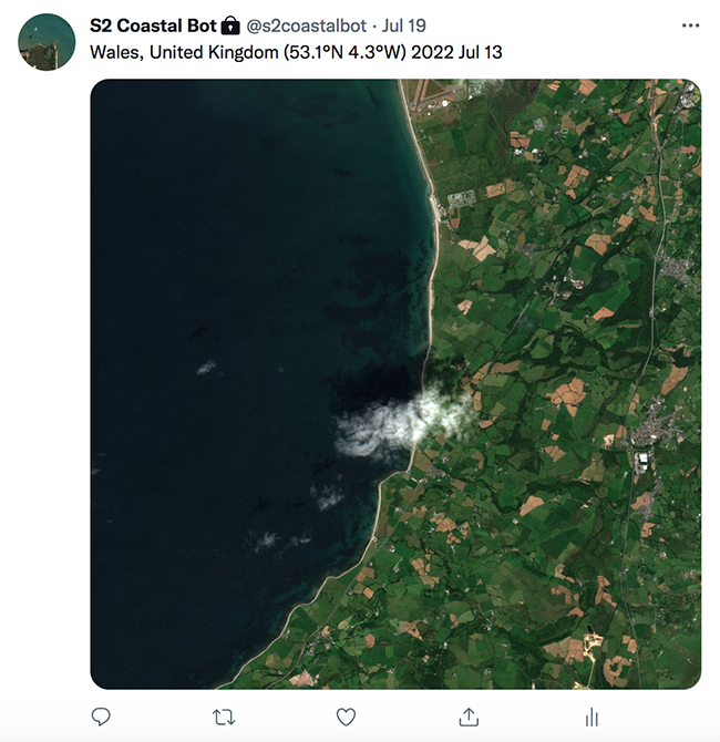 Screenshot of a tweet from s2coastalbot with an image of the UK&rsquo;s coastline