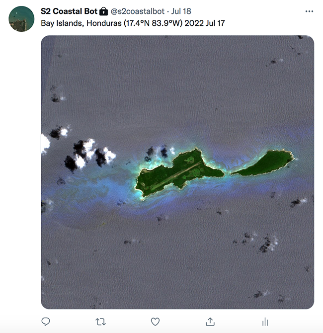 Screenshot of a tweet from s2coastalbot with an image of Honduras&rsquo; coastline