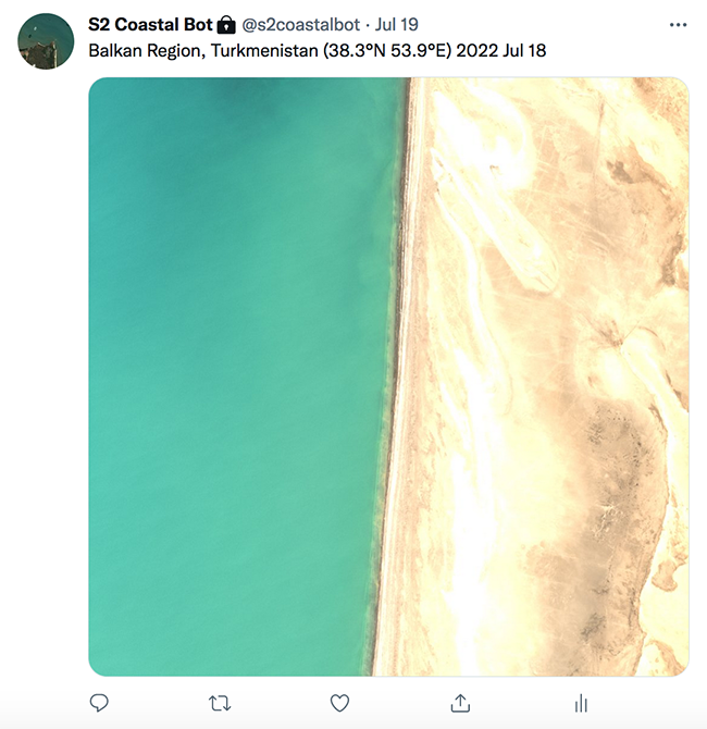 Screenshot of a tweet from s2coastalbot with an image of Turkmenistan&rsquo;s coastline